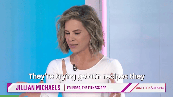 Jillian Michaels on a morning talk show set, looking serious, lower third graphic reading 'The Truth About The Gelatin Trick', photorealistic